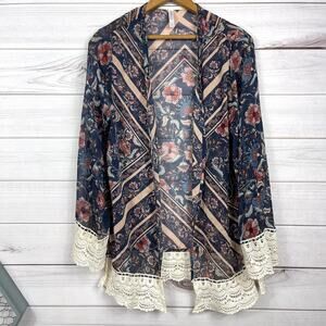 Xhilaration‎ Womens Cardigan Sheer Cover Up Floral Lace Navy Blue Size Small